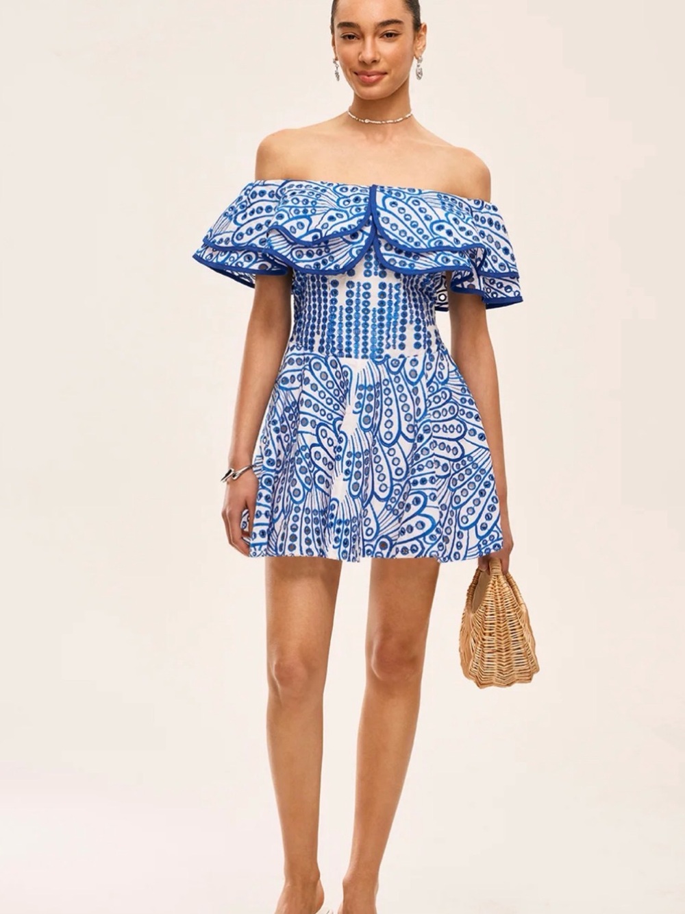 Commense White and Blue One-Shoulder Off-the-Shoulder Mini Dress - Picture 2 of 14